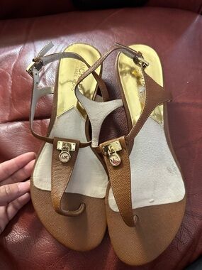 Michael Kors Brown and Gold T-Strap Sandals